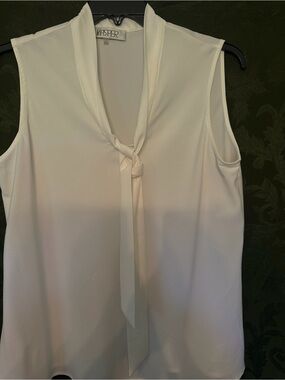 Kasper White Sleeveless Tie Neck Blouse Satin Mock Neck Office Shell Top L